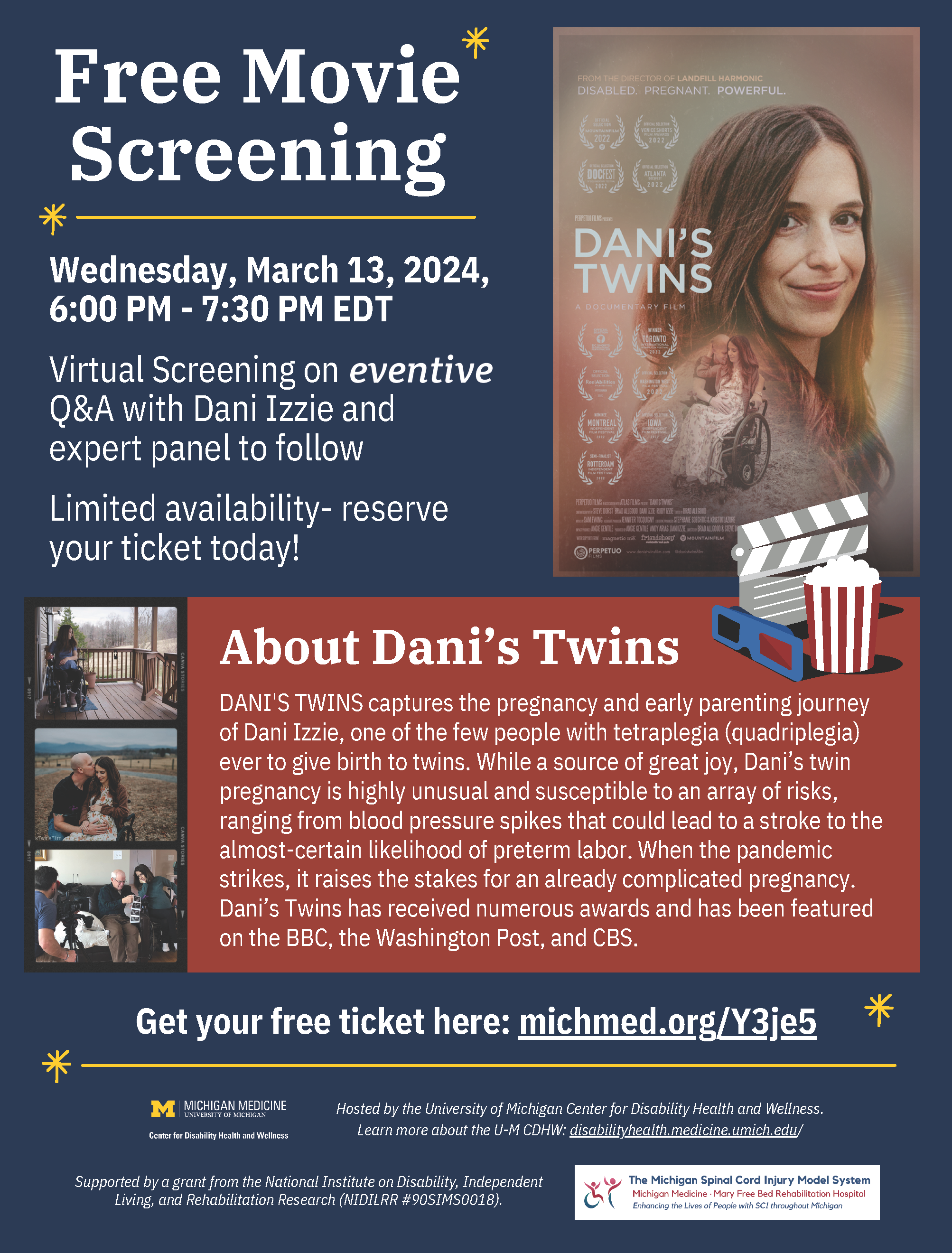 Flyer for a virtual movie screening of Dani's Twins. Full details are in the body text