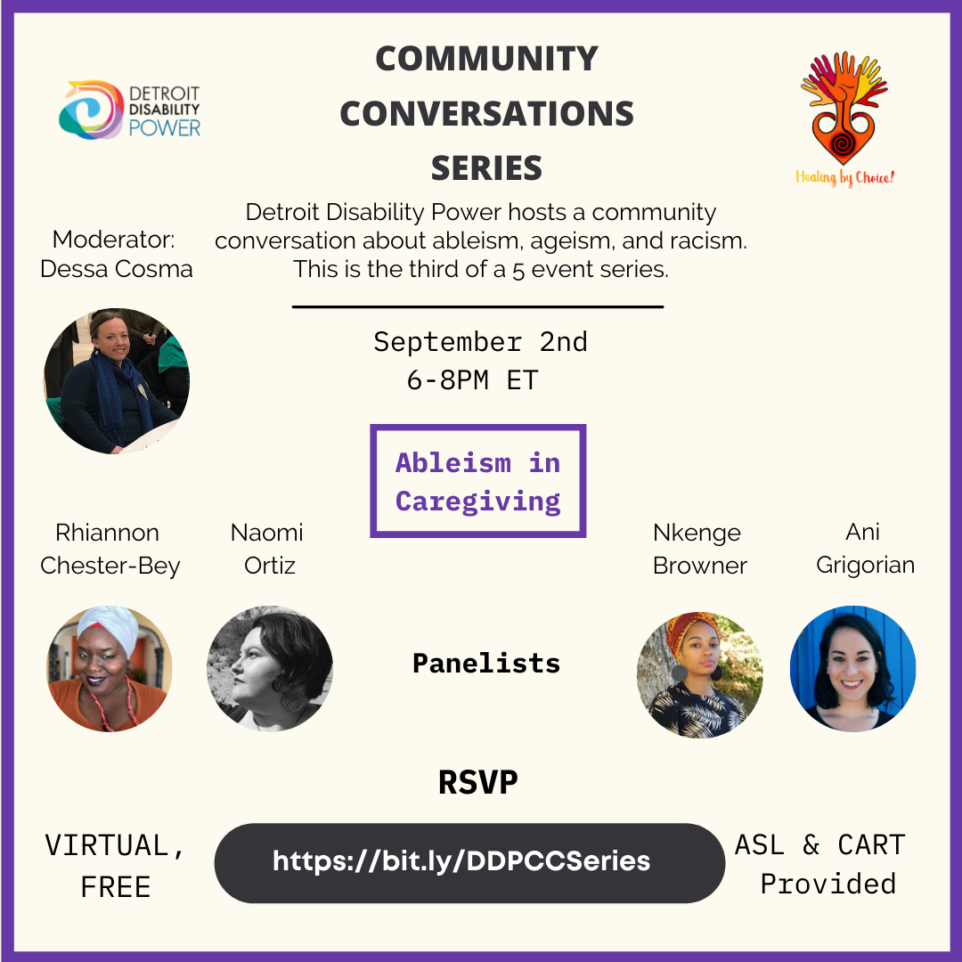 Flyer for Detroit Disability Power's next Community Conversation event on September 2nd. Full details are described next.