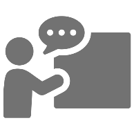 Gray icon of person with speech bubble and pointing