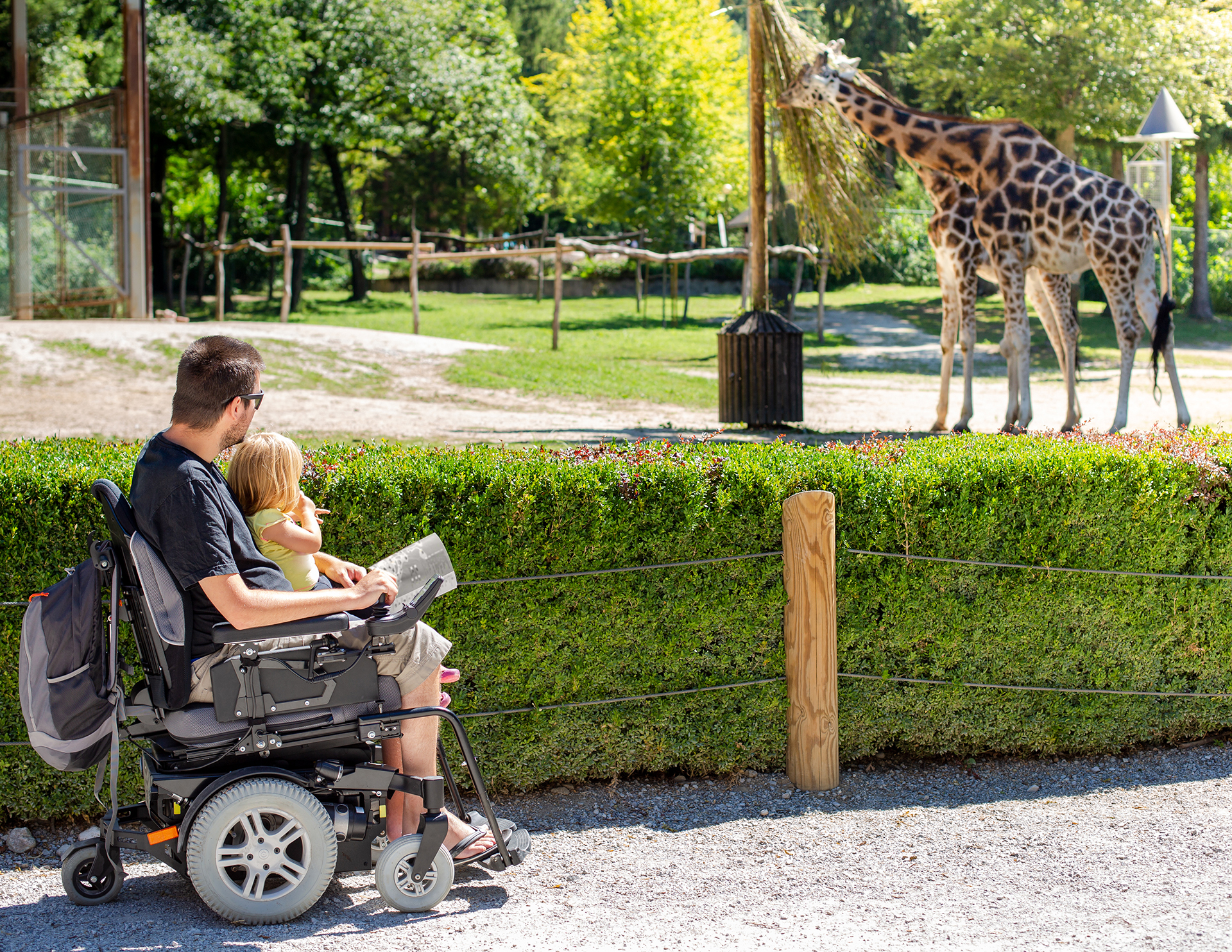 A father and daughter watching a giraffe