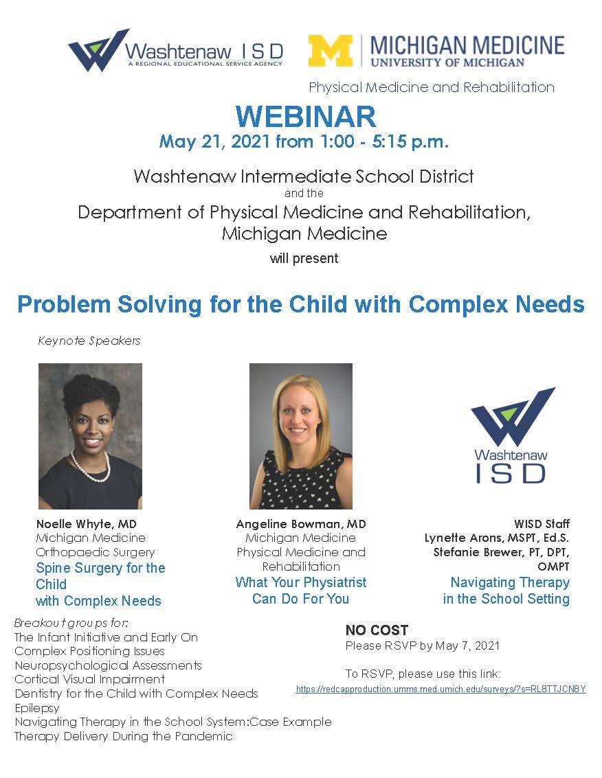 Flyer for a webinar titled "Problem Solving for the Child with Complex Needs" happening May 21, 2021. Full details are listed below.