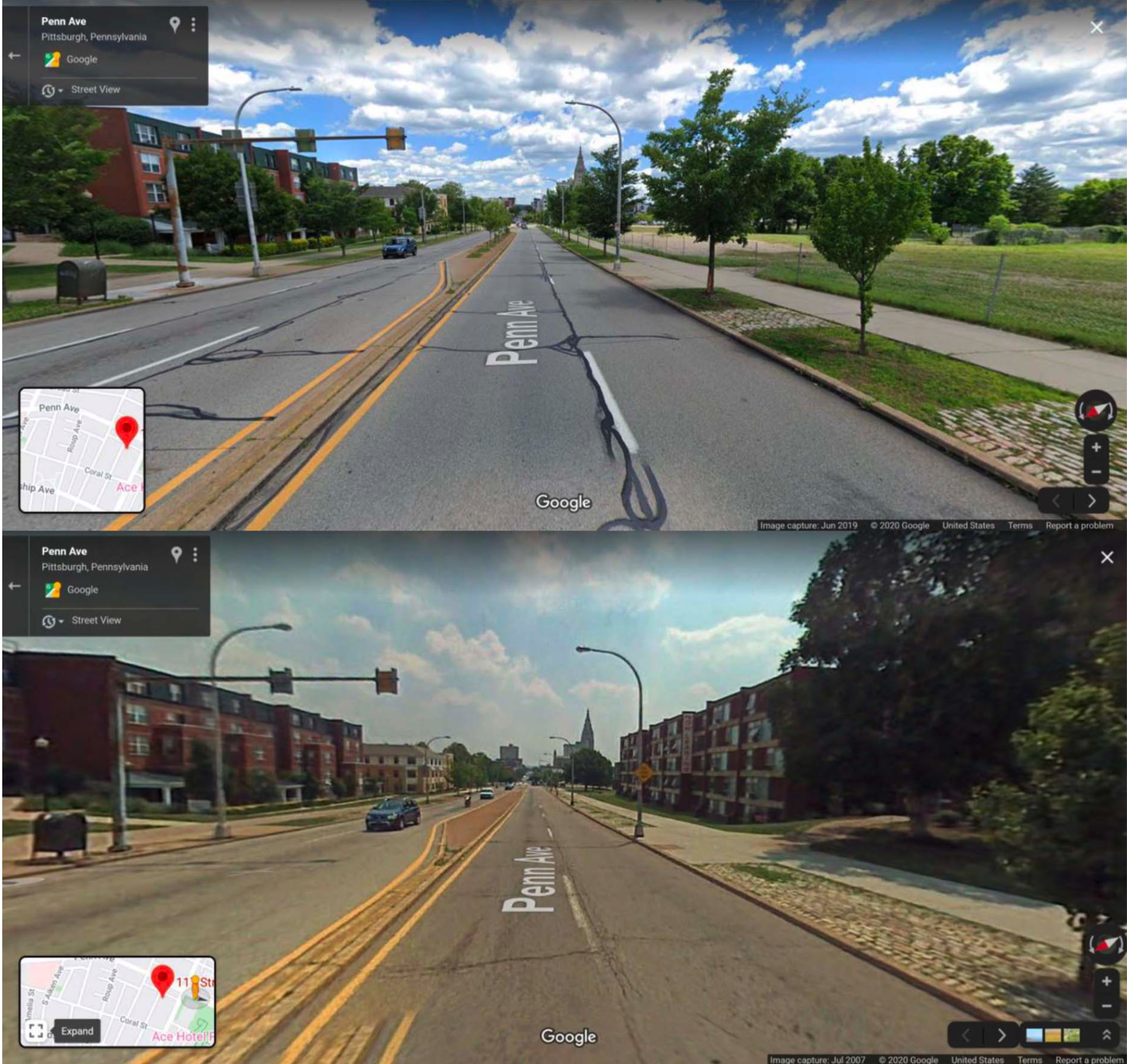 Google Street view images of two Pittsburg neighborhood streets